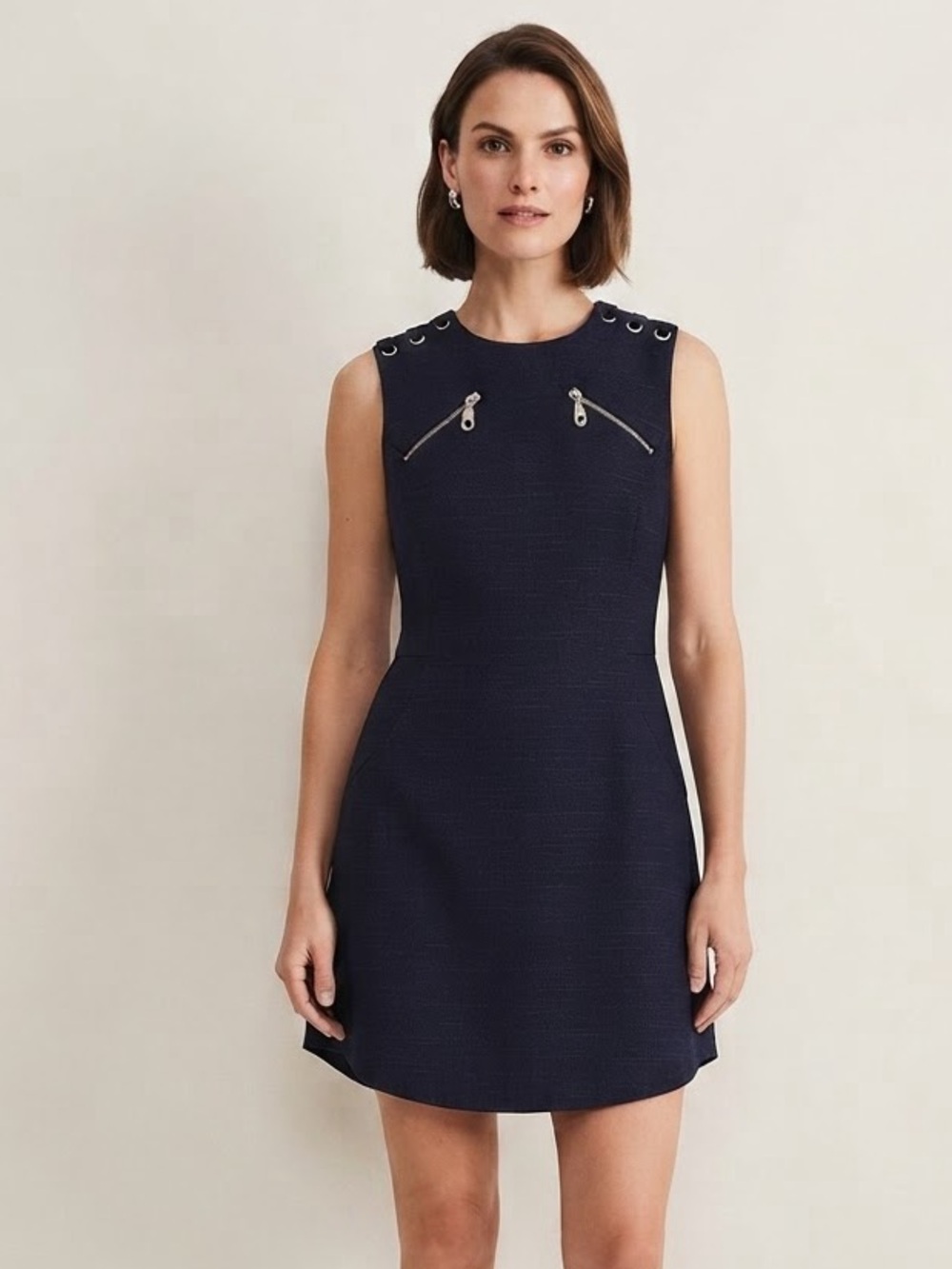 L.A.M.B Sz 8 Dark Navy Textured Moto Zip Accent Mini Dress